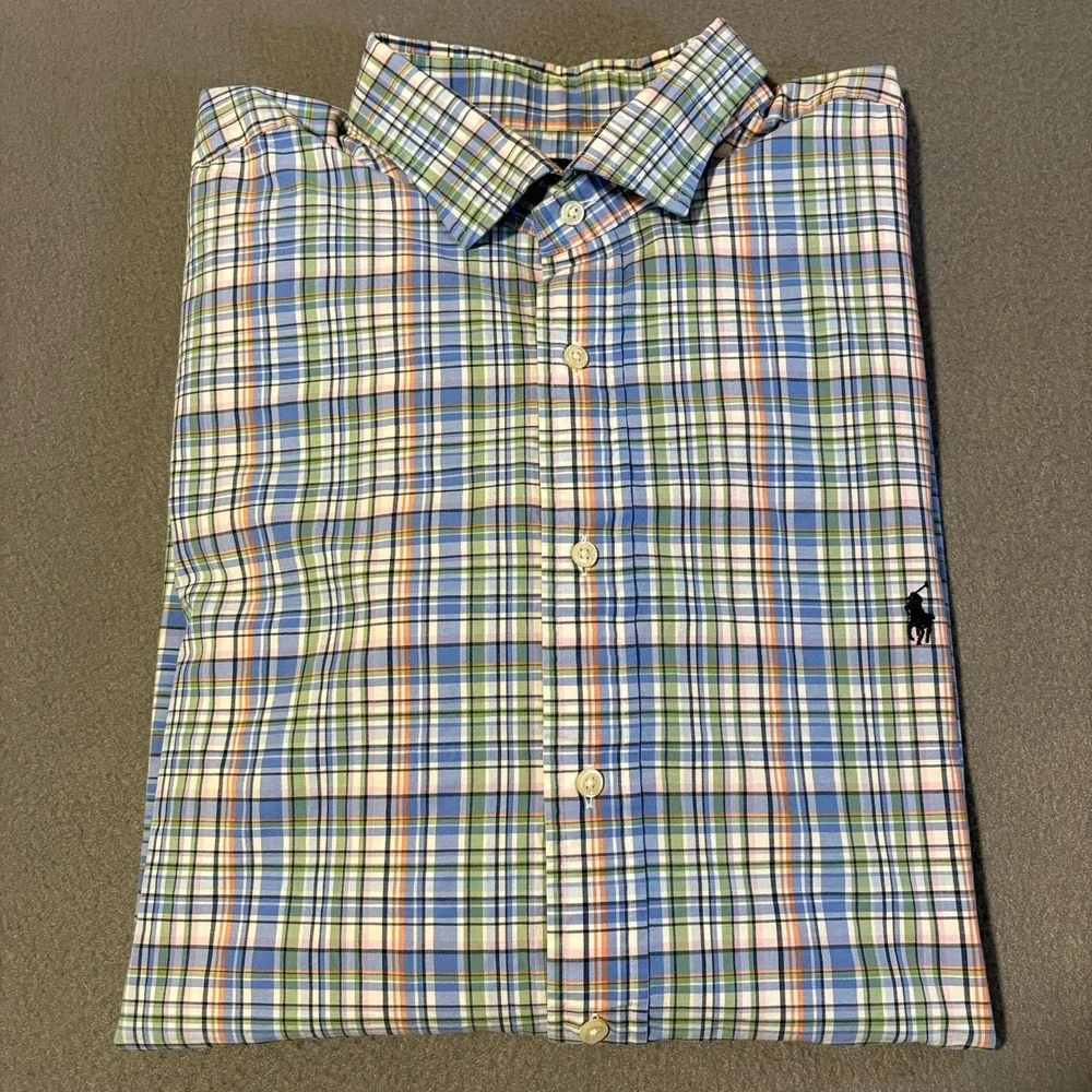 Polo Ralph Lauren Dress Shirt Mens 2XB Blue Green Plaid Button Up Stretch Pony